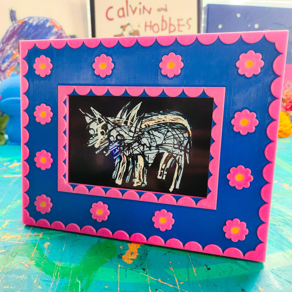 Korok Frame - Marigold Edition - Pink Flowers, Dark Blue face, Yellow Dots