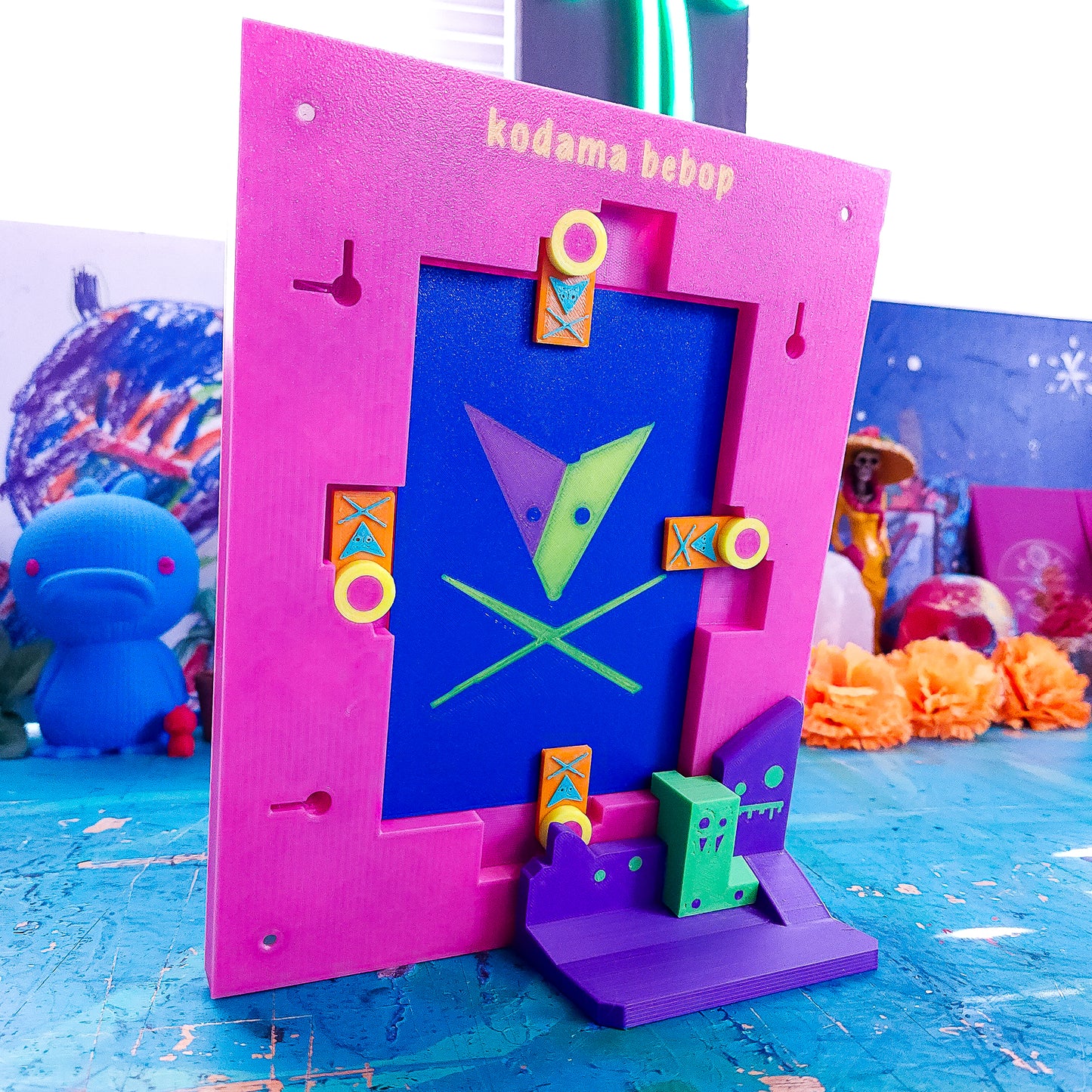 Korok Frame - Marigold Edition - Pink Flowers, Dark Blue face, Yellow Dots